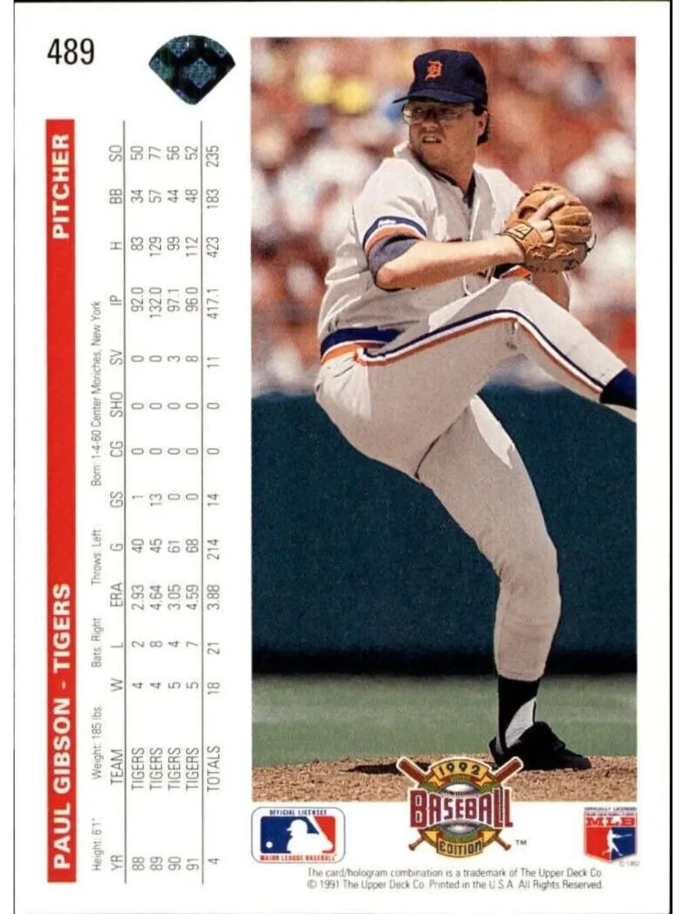 Paul Gibson 1992 Upper Deck MLB #489 Baseball Card Detroit Tigers